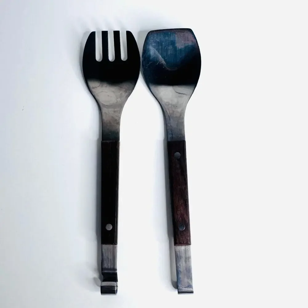 Vintage Wooden Stainless MCM Salad  Serving Set Japan w/hook